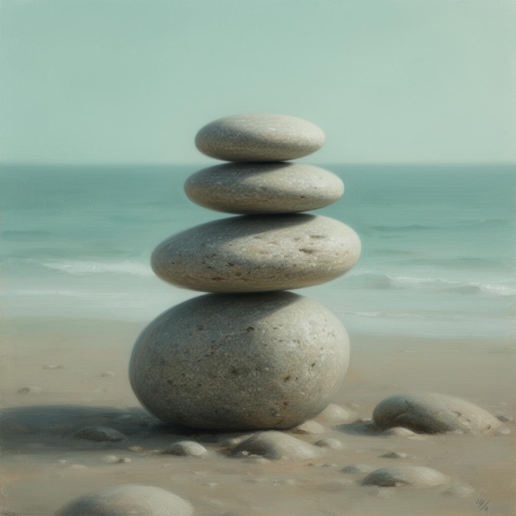Balanced stones on a quiet shore